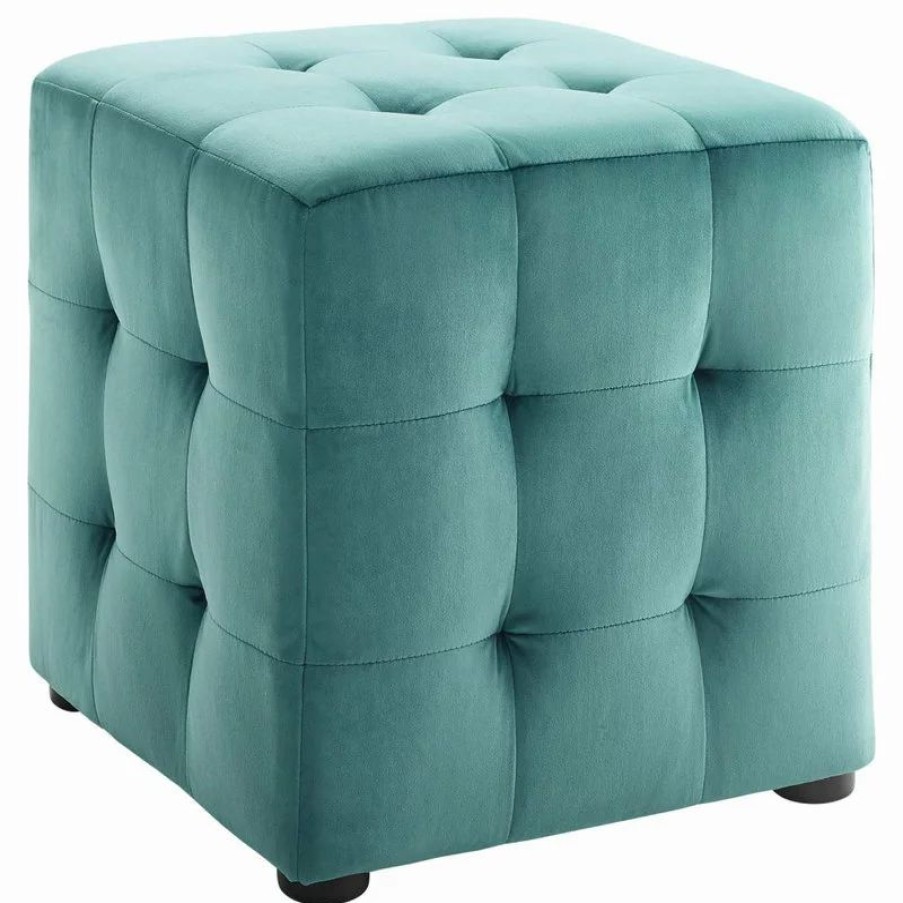 Footstools & Ottomans * | Lexmod Contour Tufted Button Cube Performance Velvet Ottoman, Teal