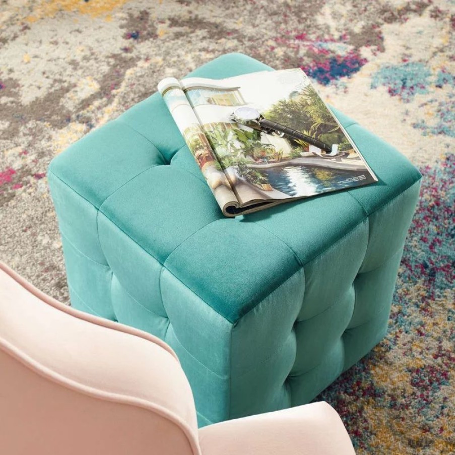 Footstools & Ottomans * | Lexmod Contour Tufted Button Cube Performance Velvet Ottoman, Teal