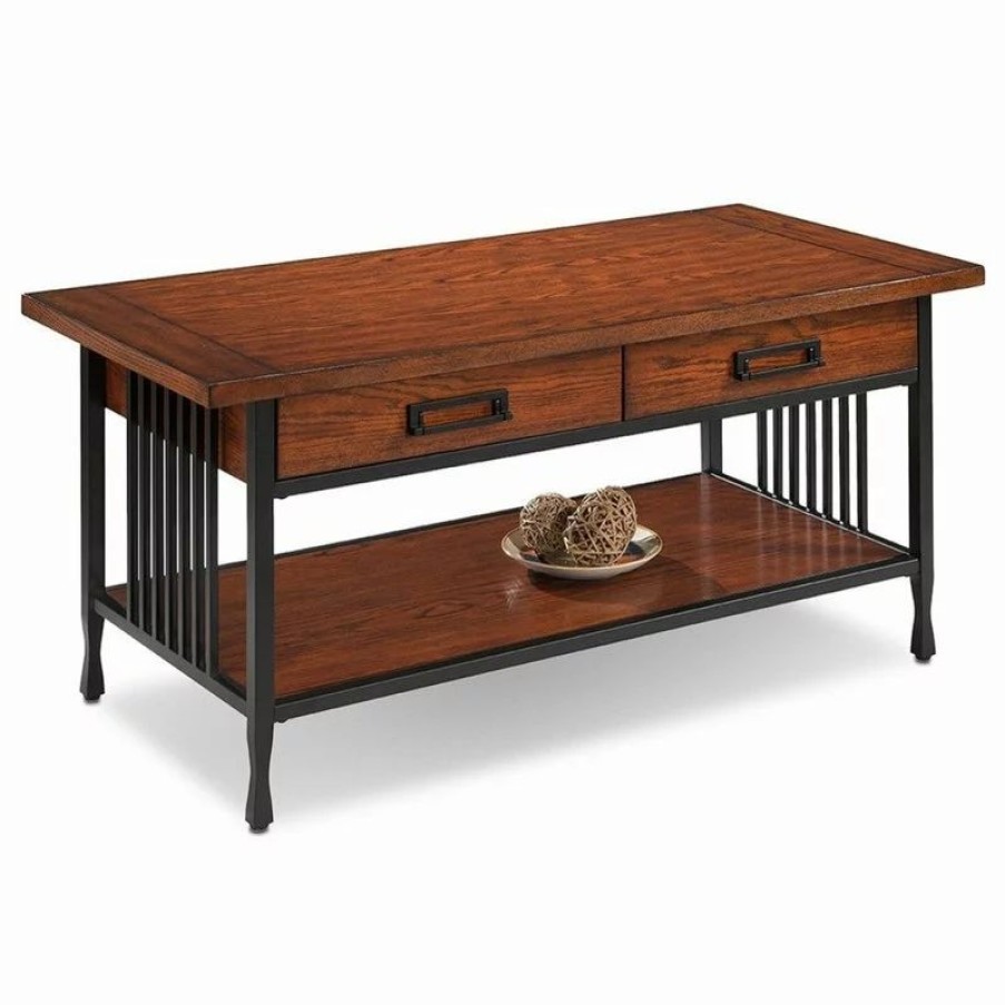 Coffee & Accent Tables * | Leick Home Leick Ironcraft Wood Coffee Table In Brown Burnished Oak