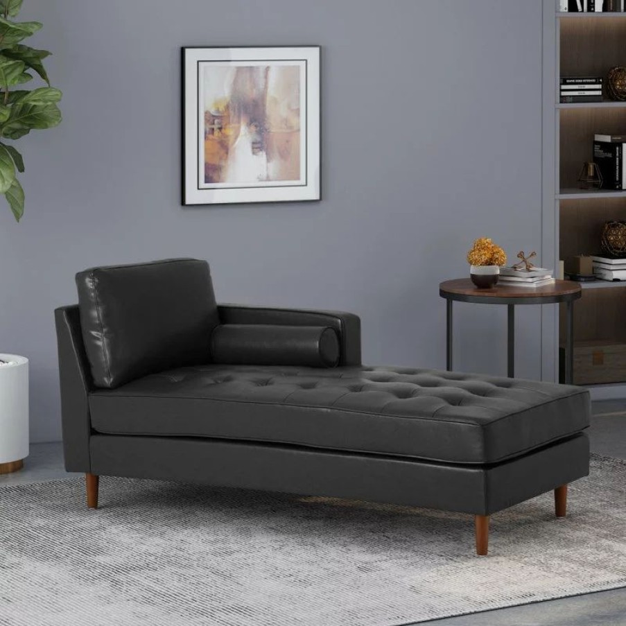 Chairs * | Gdfstudio Hixon Contemporary Tufted Upholstered Chaise Lounge, Midnight + Espresso