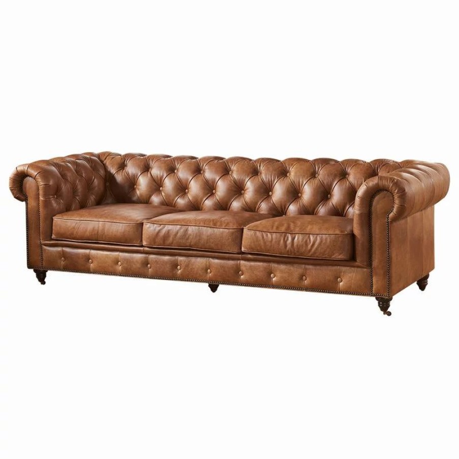 Sofas & Sectionals * | Crafters And Weavers Top Grain Leather Chesterfield Sofa, Light Brown