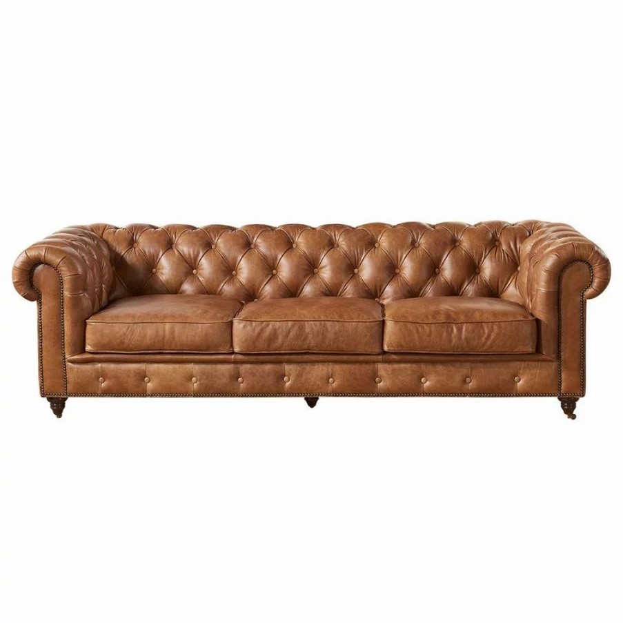 Sofas & Sectionals * | Crafters And Weavers Top Grain Leather Chesterfield Sofa, Light Brown