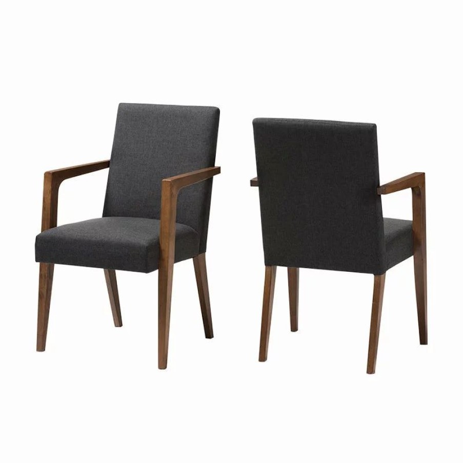 Chairs * | Baxton Studio Andrea Mid-Century Modern Dark Gray Upholstered Wooden Armchair, Set Of 2