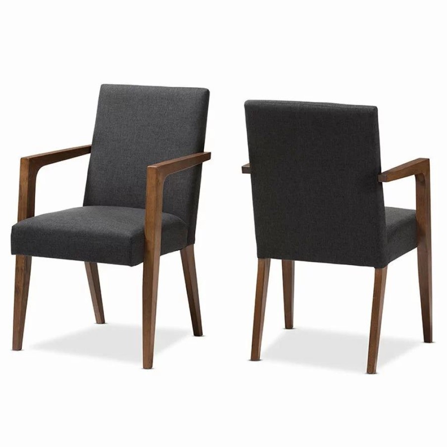 Chairs * | Baxton Studio Andrea Mid-Century Modern Dark Gray Upholstered Wooden Armchair, Set Of 2