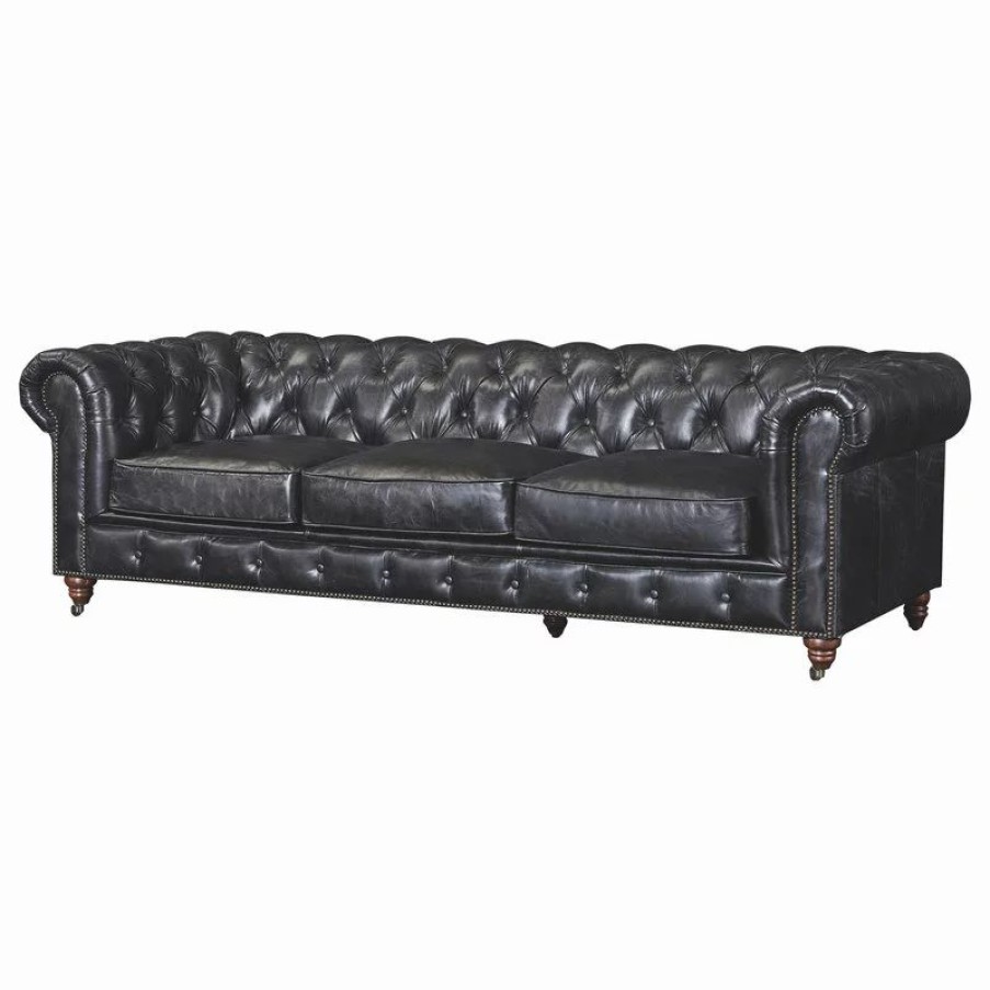 Sofas & Sectionals * | Crafters And Weavers Top Grain Leather Chesterfield Sofa, Slate