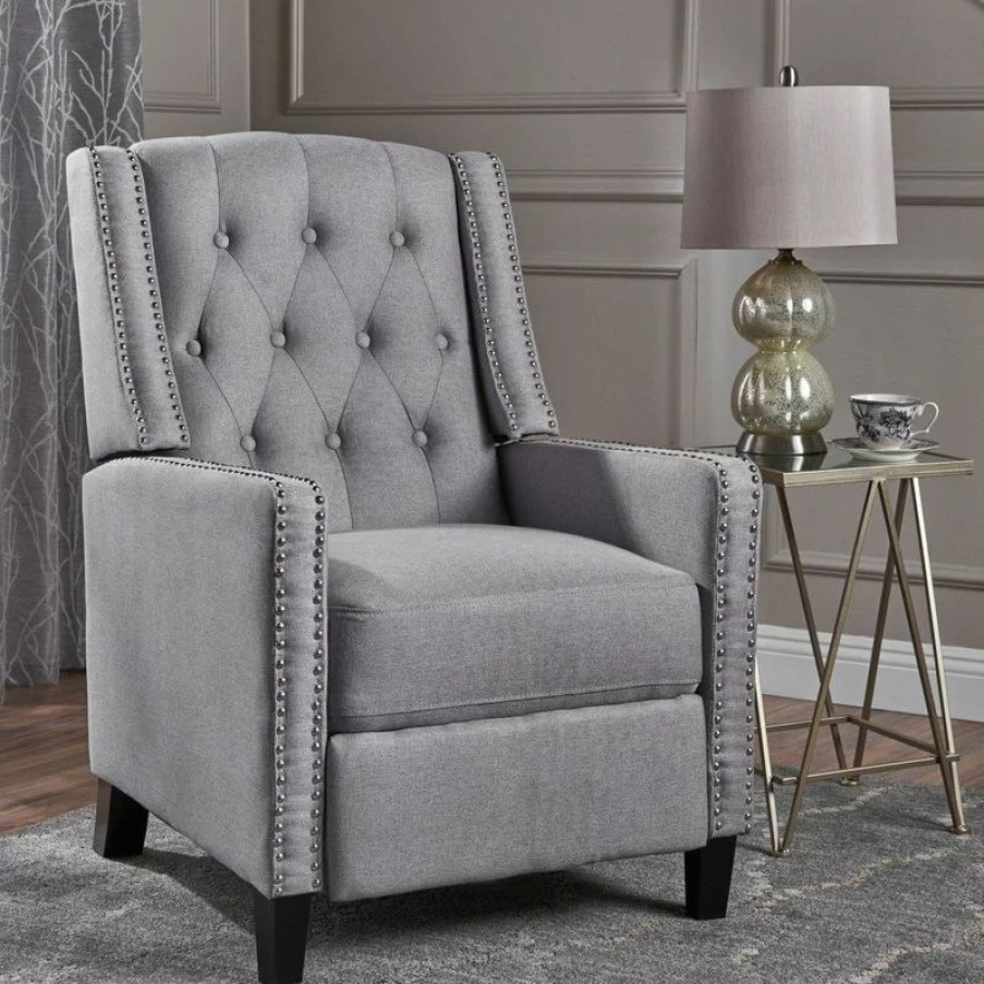 Chairs * | Gdfstudio Gdf Studio Izaak Tufted Back Fabric Recliner Chair, Light Gray