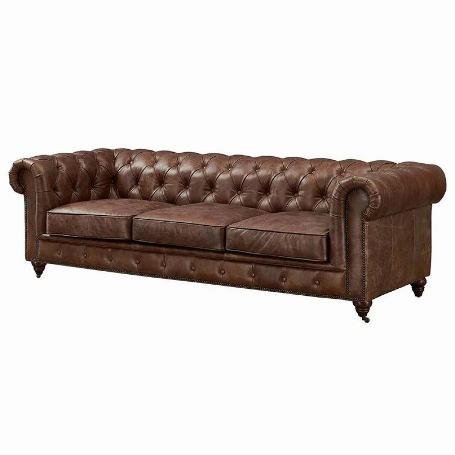 Sofas & Sectionals * | Crafters And Weavers Top Grain Vintage Leather Chesterfield Sofa Bark Brown