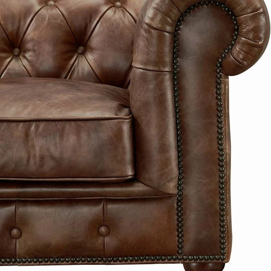 Sofas & Sectionals * | Crafters And Weavers Top Grain Vintage Leather Chesterfield Sofa Bark Brown