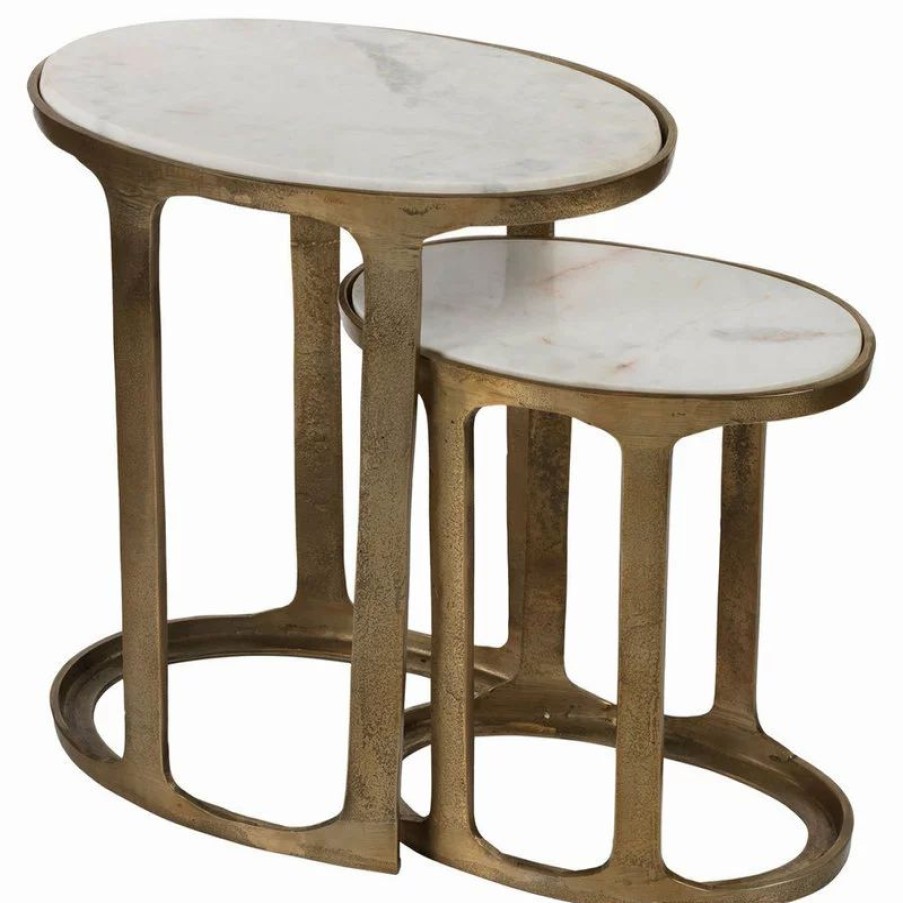 Coffee & Accent Tables * | Zodax "Nikki" 2-Piece Aluminum Nesting Table Set, Oval Shaped With Marble Top