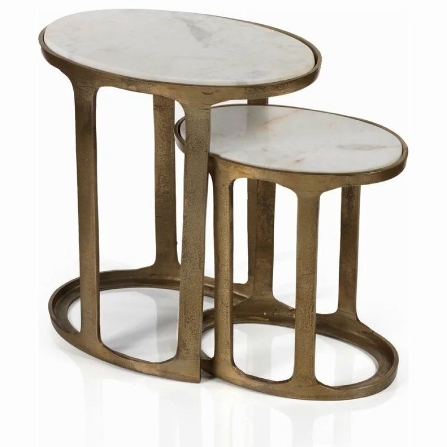 Coffee & Accent Tables * | Zodax "Nikki" 2-Piece Aluminum Nesting Table Set, Oval Shaped With Marble Top