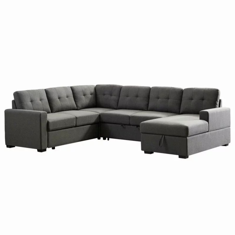 Sofas & Sectionals * | Lilola Living Selene Dark Gray Linen Fabric Sleeper Sectional Sofa With Storage Chaise