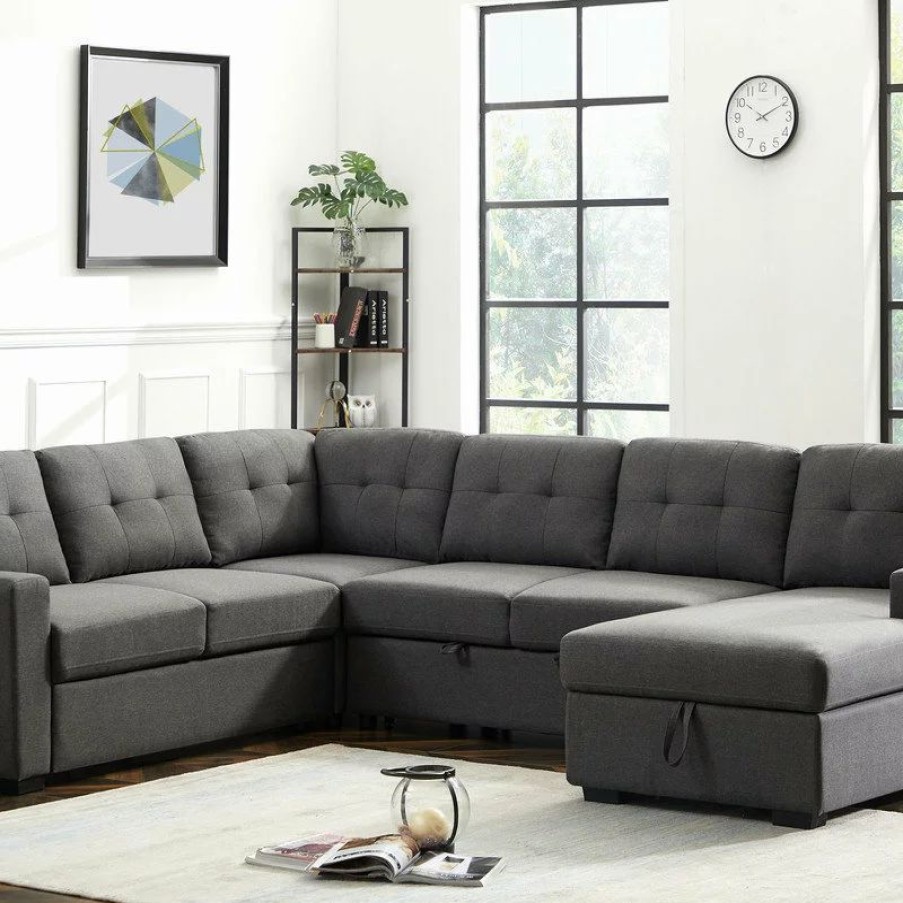 Sofas & Sectionals * | Lilola Living Selene Dark Gray Linen Fabric Sleeper Sectional Sofa With Storage Chaise