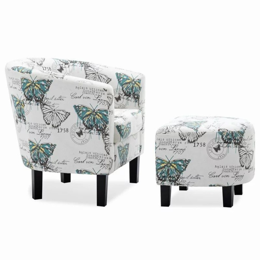 Chairs * | Belleze Accent Chair W/ Ottoman Round Arms Curved Back French Print Script, White