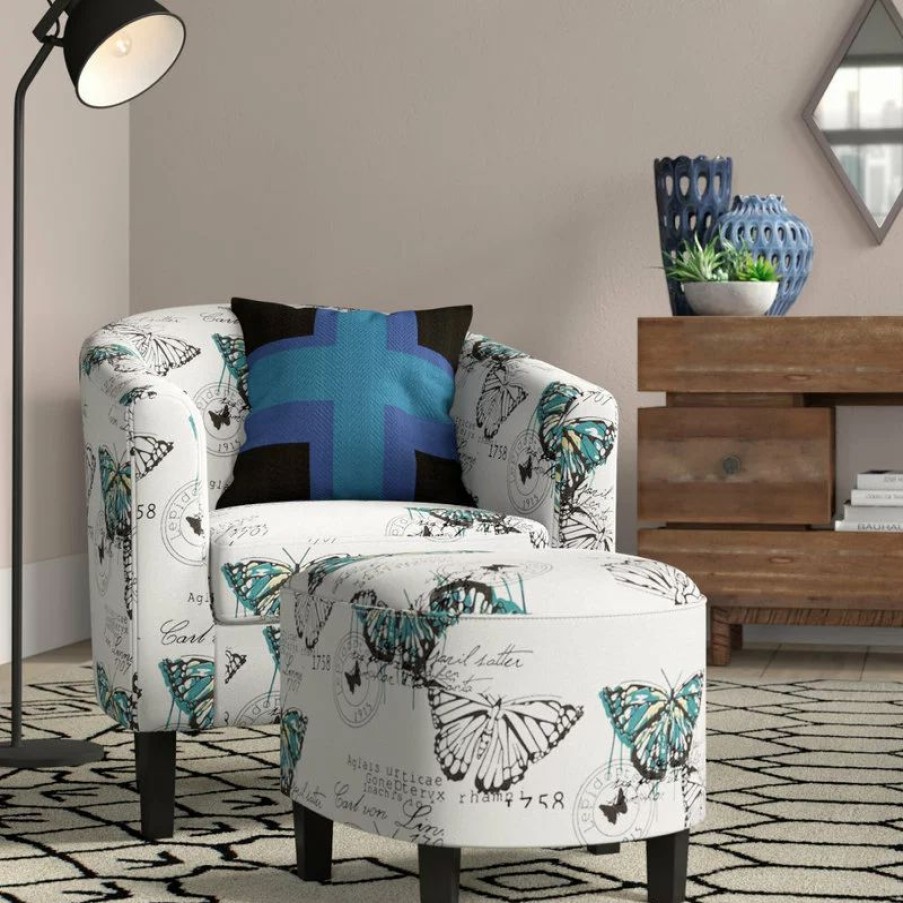 Chairs * | Belleze Accent Chair W/ Ottoman Round Arms Curved Back French Print Script, White