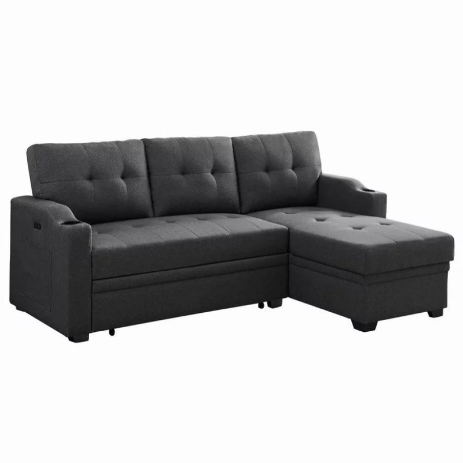 Sofas & Sectionals * | Lilola Home Mabel Fabric Sleeper Sectional With Cupholder, Usb And Pocket, Dark Gray, Linen