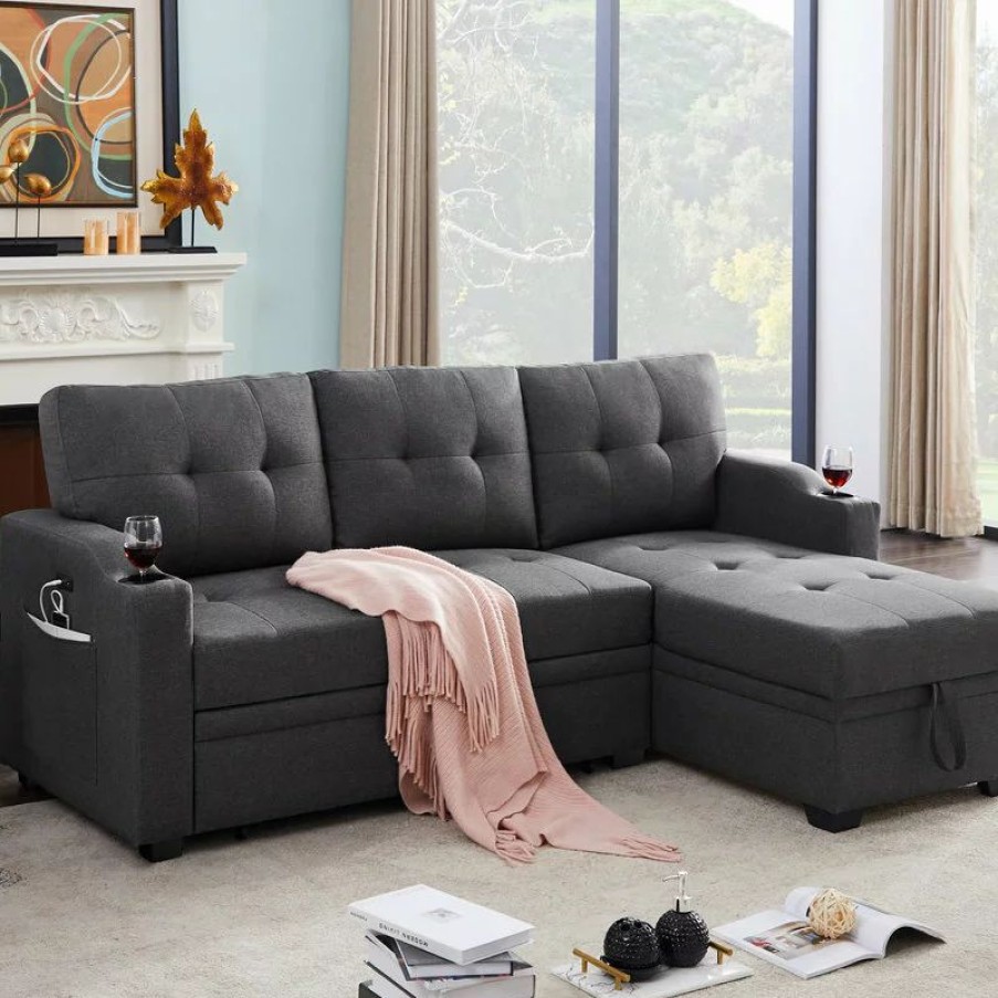 Sofas & Sectionals * | Lilola Home Mabel Fabric Sleeper Sectional With Cupholder, Usb And Pocket, Dark Gray, Linen