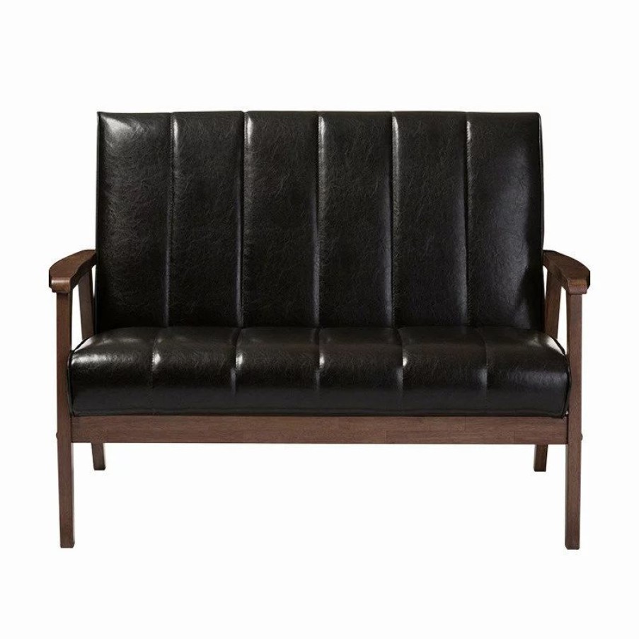 Sofas & Sectionals * | Baxton Studio Nikko Faux Leather Wooden 2-Seater Loveseat, Dark Brown