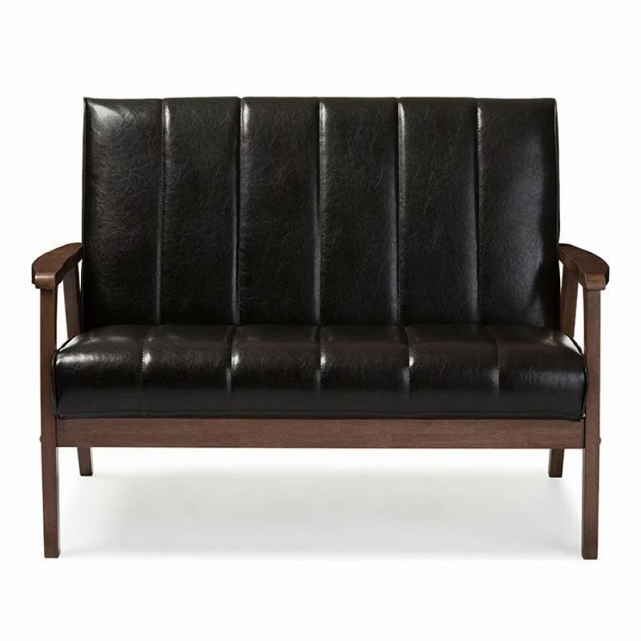 Sofas & Sectionals * | Baxton Studio Nikko Faux Leather Wooden 2-Seater Loveseat, Dark Brown