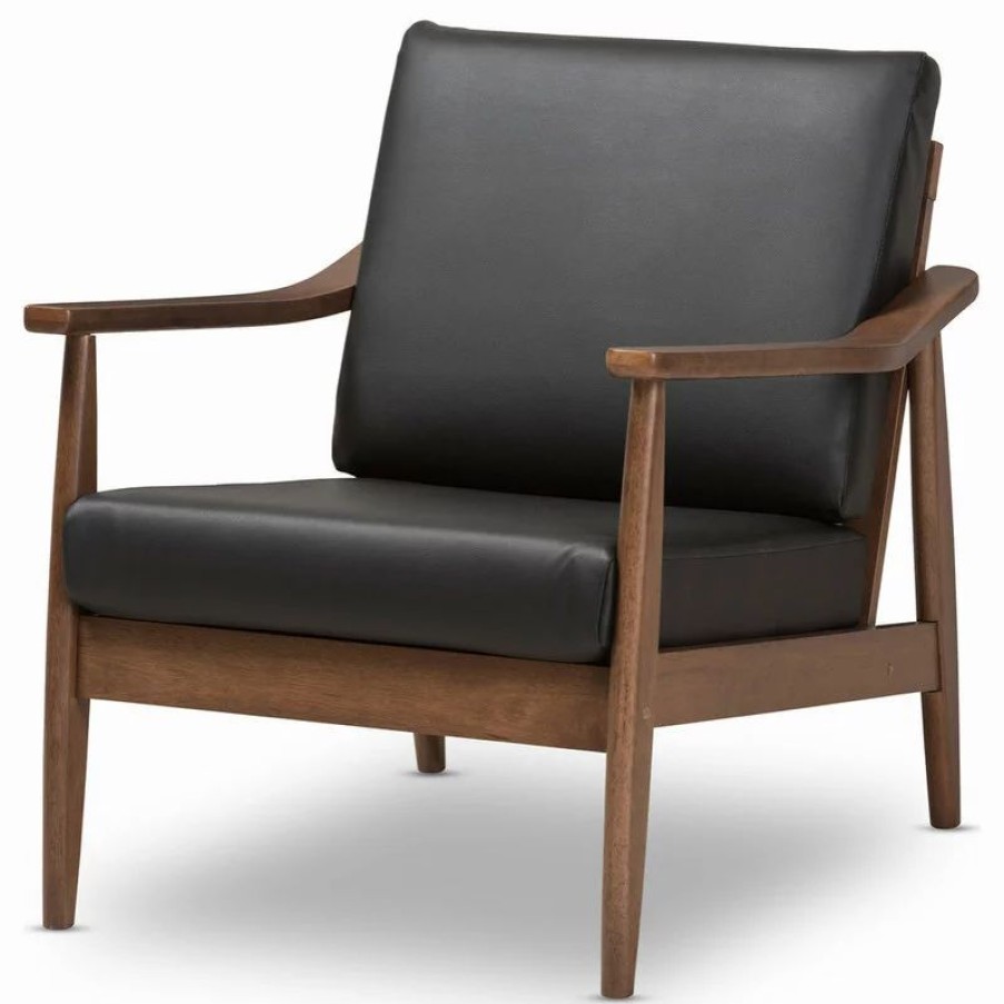 Chairs * | Baxton Studio Venza Mid-Century Modern Walnut Wood Black Faux Leather Lounge Chair