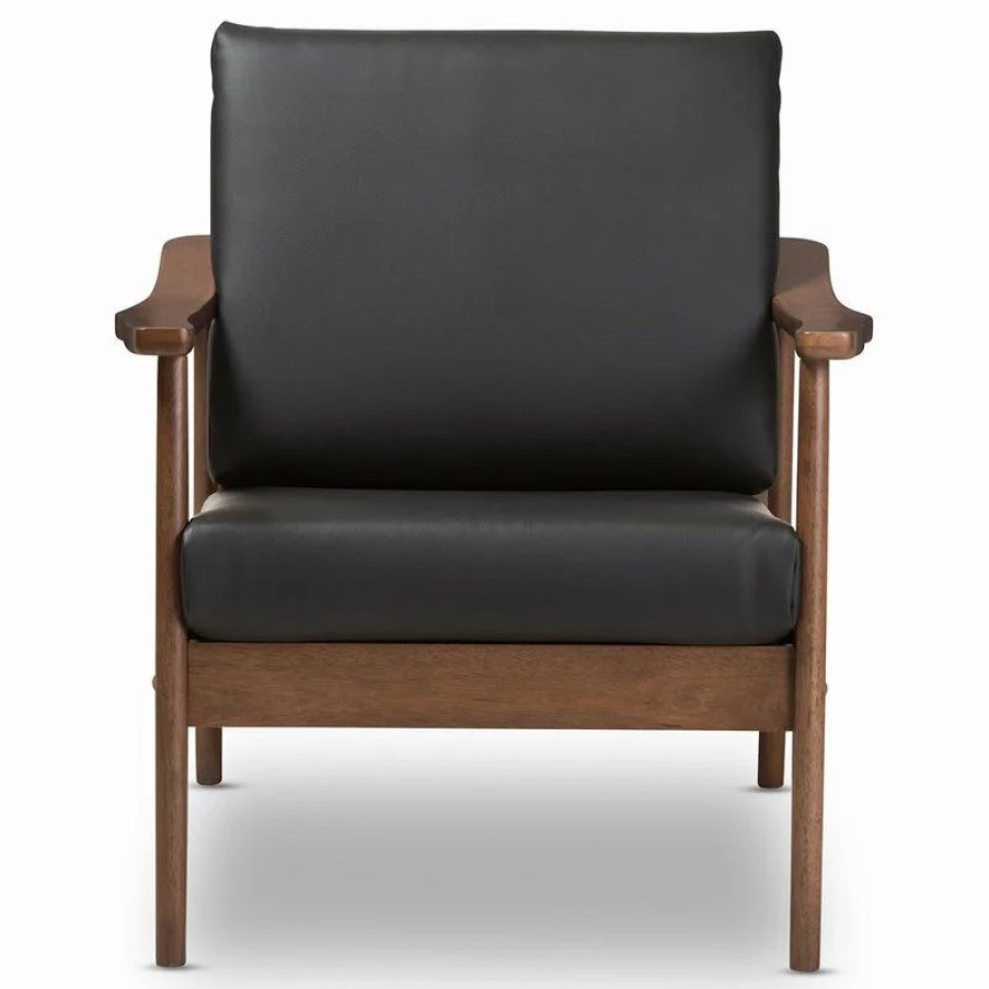 Chairs * | Baxton Studio Venza Mid-Century Modern Walnut Wood Black Faux Leather Lounge Chair