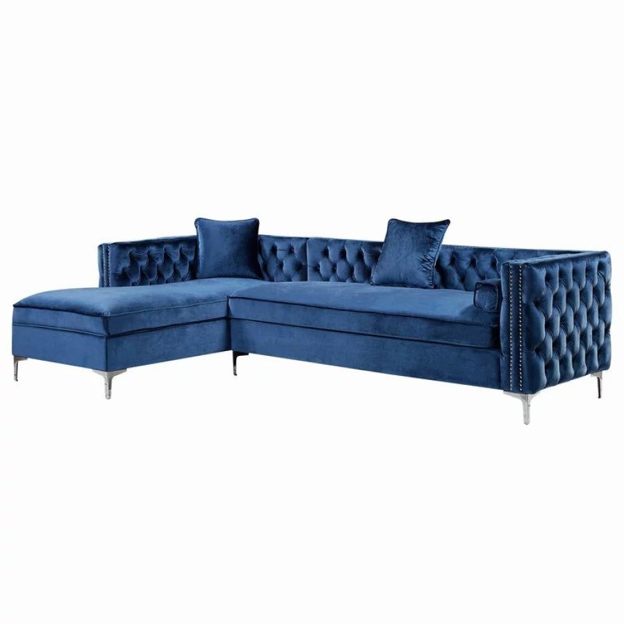 Sofas & Sectionals * | Inspired Home Jeannie Velvet Tufted With Nailhead Trim Sectional, Navy, Left Facing Chaise