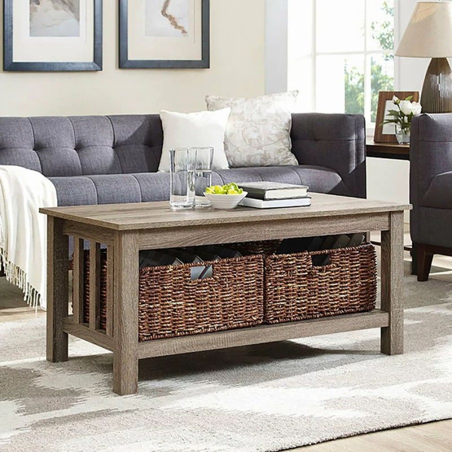 Coffee & Accent Tables * | Walker Edison 40 Wood Storage Coffee Table With Wicker Totes, Driftwood