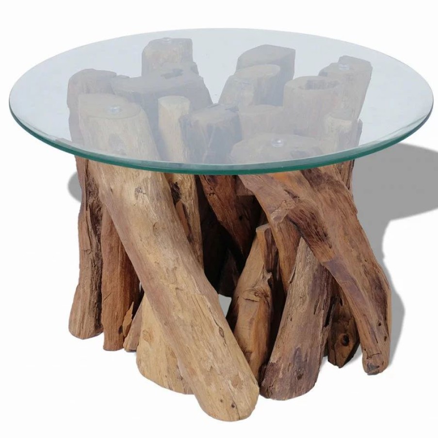 Coffee & Accent Tables * | Vida Xl International B.V. Vidaxl Solid Teak Driftwood Coffee Table Living Room Side Stand Glass Tabletop