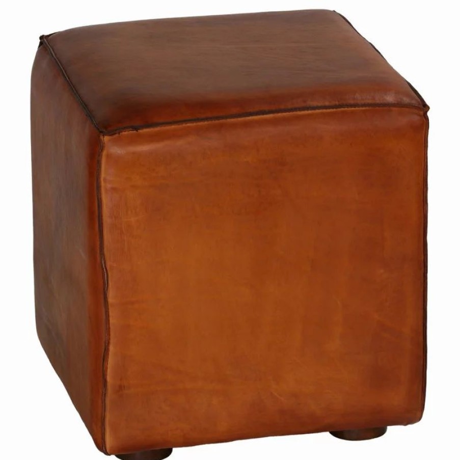 Footstools & Ottomans * | Bare Decor Sands Genuine Leather Cube Ottoman, Saddle Brown