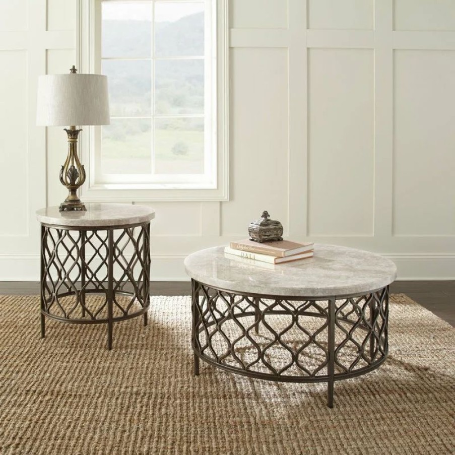 Coffee & Accent Tables * | Steve Silver Roland Round White Stone Top With Bronze Metal Base Coffee Table