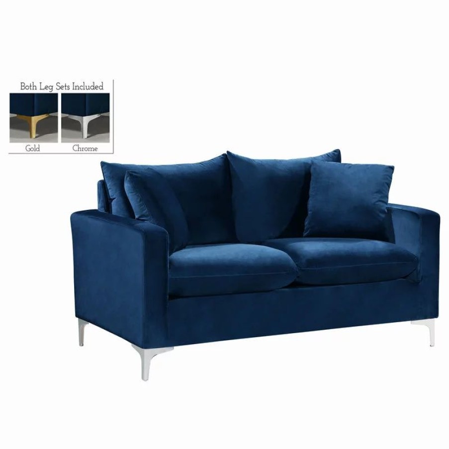 Sofas & Sectionals * | Meridian Furniture Naomi Velvet Loveseat, Gold And Chrome Leg Set, Navy