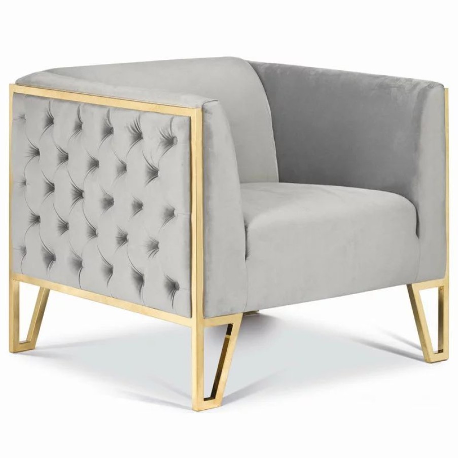 Chairs * | Lievo Kara Tufted Accent Chair, Polished Gold Steel