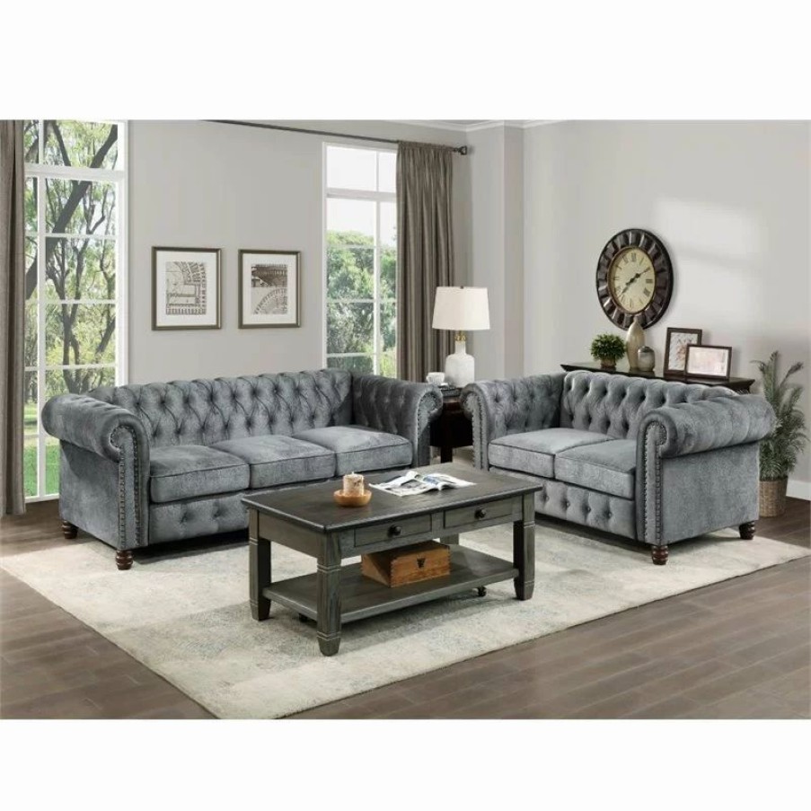 Sofas & Sectionals * | Domain Industries Inc. Lexicon Welwyn Velvet Chesterfield Sofa In Dark Gray