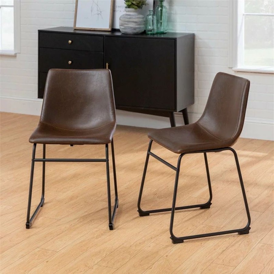 Chairs * | Walker Edison Faux Leather Dining Chair In Brown Set Of 2