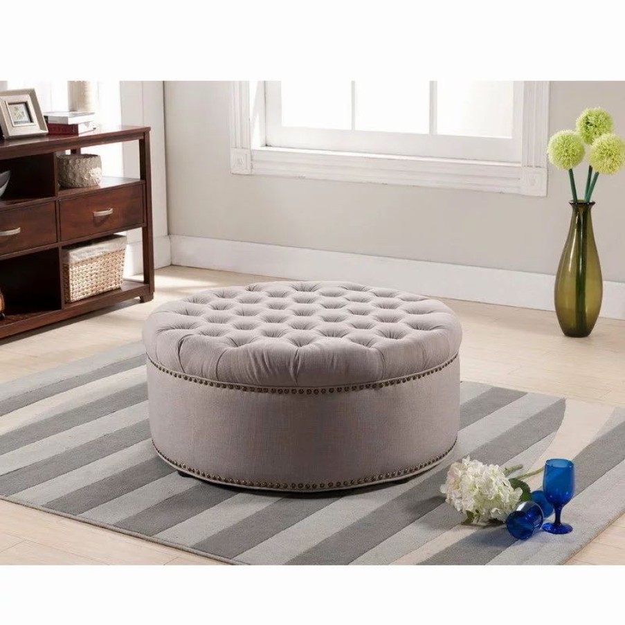 Footstools & Ottomans * | Baxton Studio Iglehart Beige Linen Modern Tufted Ottoman