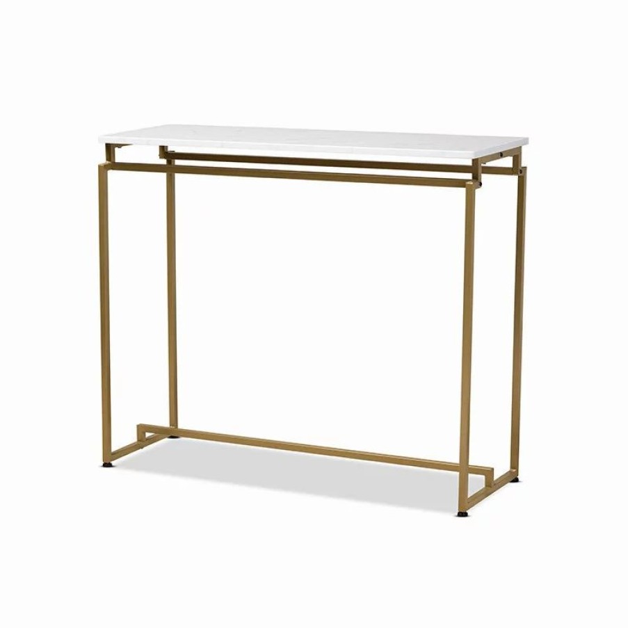 Console Tables * | Wholesale Interiors Renzo Modern Brushed Gold Finished Metal Console Table With Faux Marble Tabletop