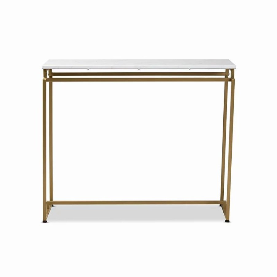 Console Tables * | Wholesale Interiors Renzo Modern Brushed Gold Finished Metal Console Table With Faux Marble Tabletop