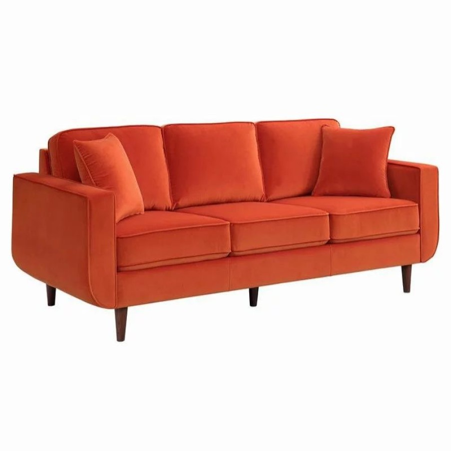 Sofas & Sectionals * | Domain Industries Inc. Lexicon Rand 82.5 Mid-Century Velvet Sofa With 2 Pillows In Orange