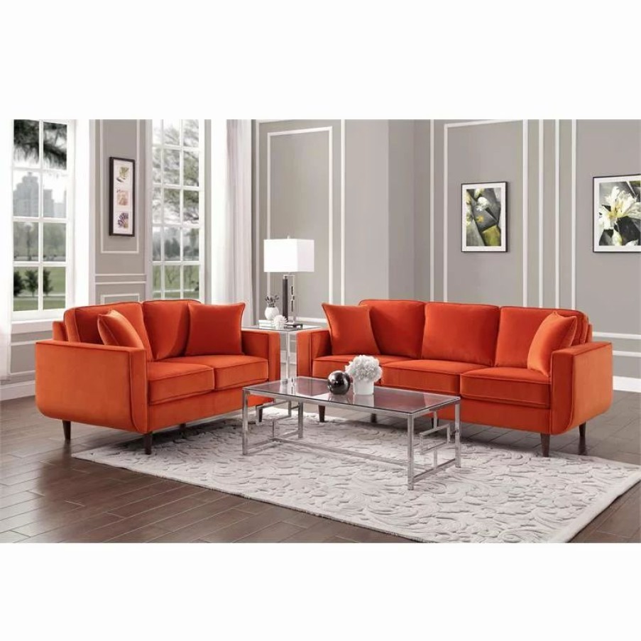 Sofas & Sectionals * | Domain Industries Inc. Lexicon Rand 82.5 Mid-Century Velvet Sofa With 2 Pillows In Orange