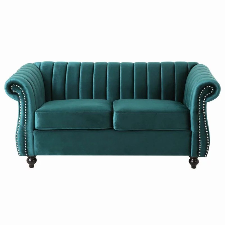 Sofas & Sectionals * | Gdfstudio Bauman Modern Glam Channel Stitch Loveseat With Nailhead Trim, Teal + Dark Brown