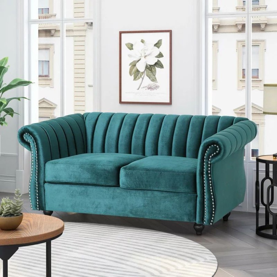 Sofas & Sectionals * | Gdfstudio Bauman Modern Glam Channel Stitch Loveseat With Nailhead Trim, Teal + Dark Brown