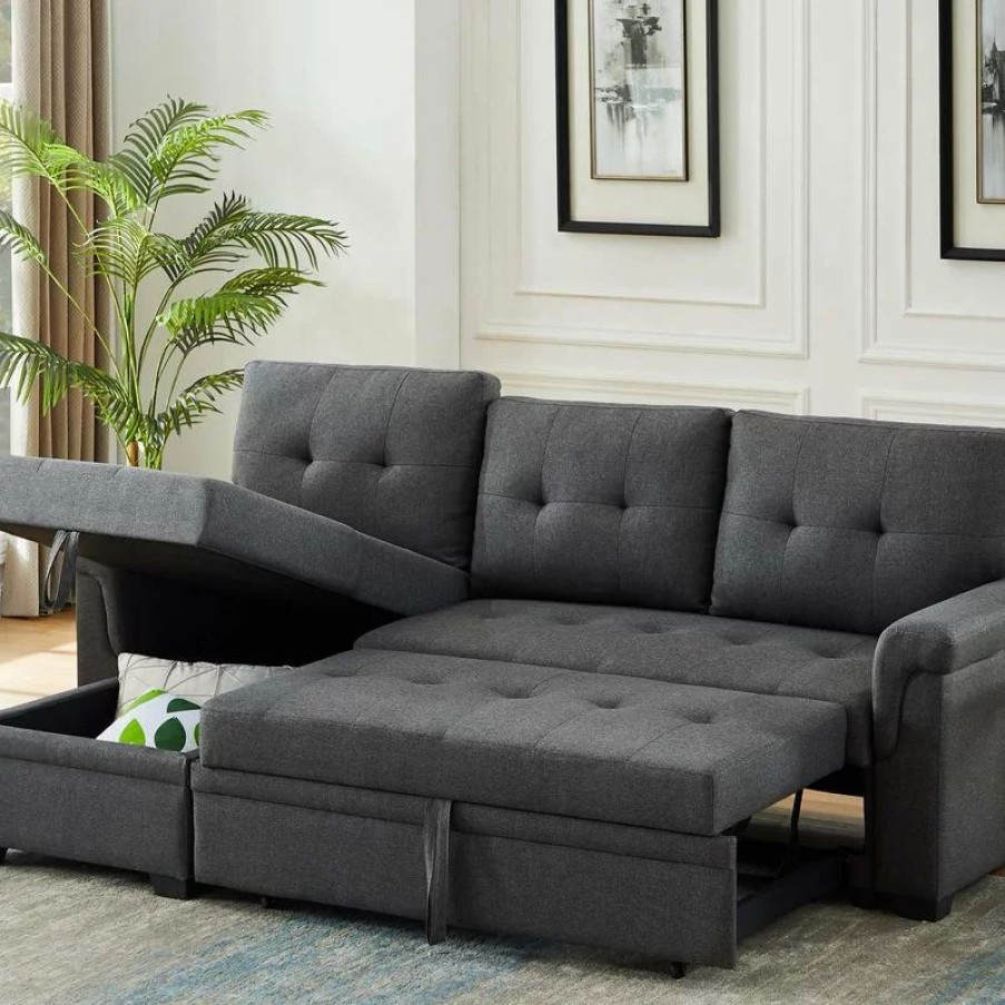 Sofas & Sectionals * | Lilola Furniture Tm Lucca Linen Reversible Sleeper Sectional Sofa, Steel Gray