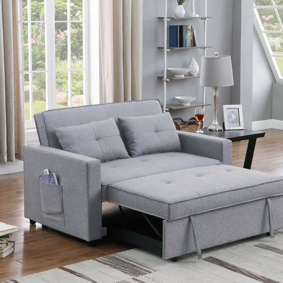 Sofas & Sectionals * | Lilola Home Zoey Linen Convertible Sleeper Loveseat With Side Pocket, Light Gray