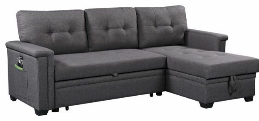 Sofas & Sectionals * | Bowery Hill Fabric Gray Reversible Sleeper Sofa Storage Chaise With Usb Ports