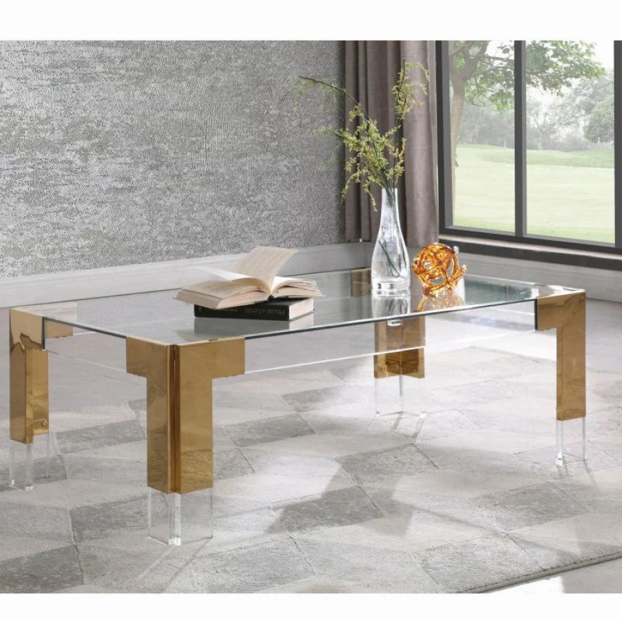 Coffee & Accent Tables * | Meridian Furniture Casper Glass Top, Stainless Steel And Acrylic Coffee Table, Gold, Rectangle