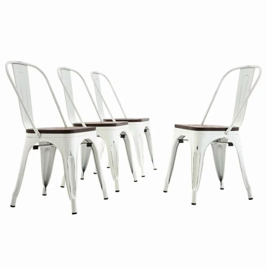 Chairs * | Belleze Wood Seat Metal Dining Chairs, Set Of 4, Antique White