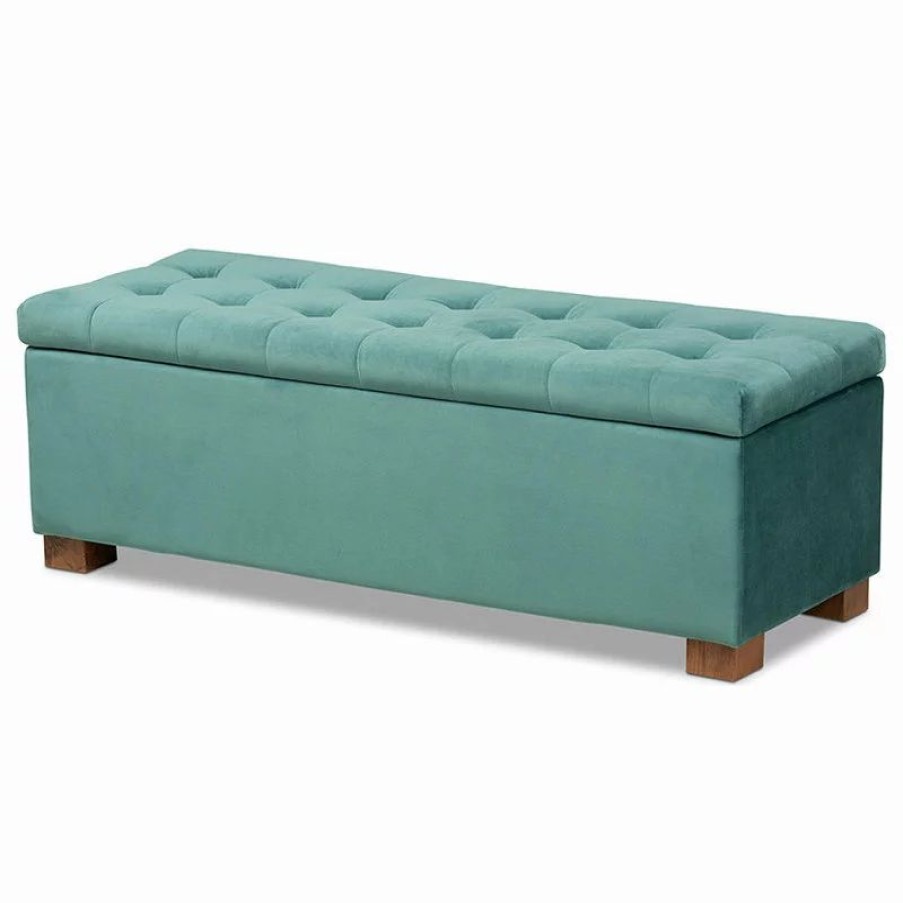 Footstools & Ottomans * | Wholesale Interiors Roanoke Teal Blue Velvet Fabric Upholstered Grid-Tufted Storage Ottoman Bench