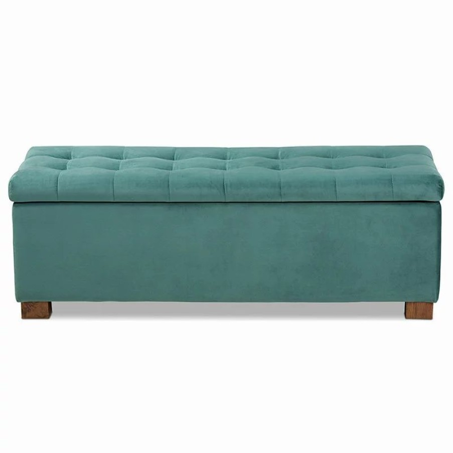 Footstools & Ottomans * | Wholesale Interiors Roanoke Teal Blue Velvet Fabric Upholstered Grid-Tufted Storage Ottoman Bench