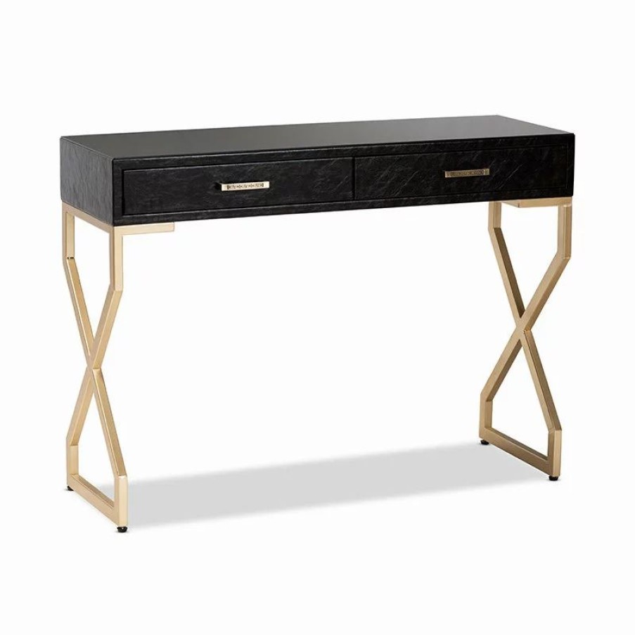 Console Tables * | Wholesale Interiors Carville Dark Brown Faux Leather Golded 2-Drawer Console Table