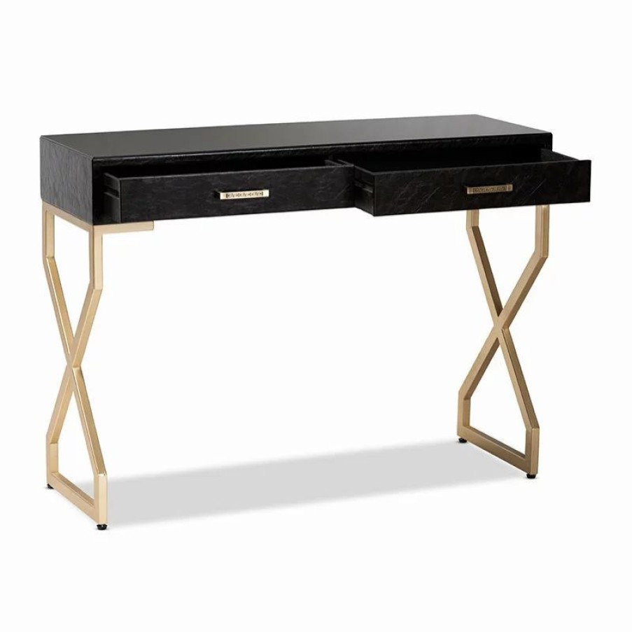 Console Tables * | Wholesale Interiors Carville Dark Brown Faux Leather Golded 2-Drawer Console Table