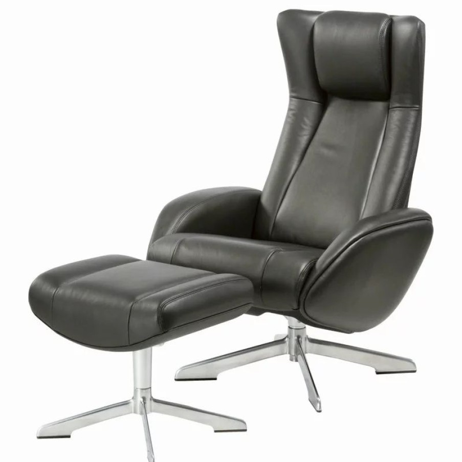 Chairs * | World Source Design Llc Tahiti Top Grain Leather Ergonomic Manual Recliner & Ottoman Set, Black/Silver